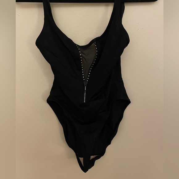 Anne Klein For Sirena Back Rhinestone Zip Front Low Back One Piece Swimsuit - Picture 5 of 5